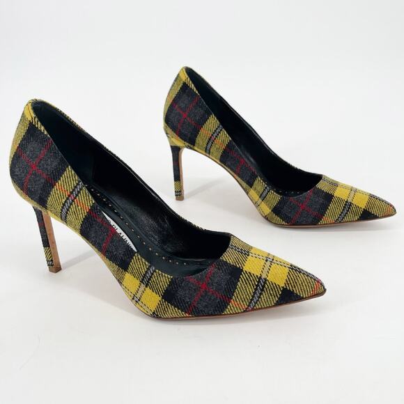 Manolo Blahnik BB Yellow Tartan Plaid Wool Pointed Toe Stiletto Pumps IT 39 - Picture 1 of 10